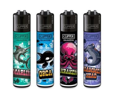 Clipper CLASSIC Large – Ocean Life 4er Set mit Marlin, Orca, Kraken und Hammerhai; nachfüllbar, Softflame, Stopfhilfe.